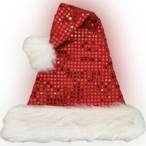 RED SEQUIN SANTA CLAUS HAT WHITE FAUX FUR TRIM CHRISTMAS COSTUME ST NICK BLING